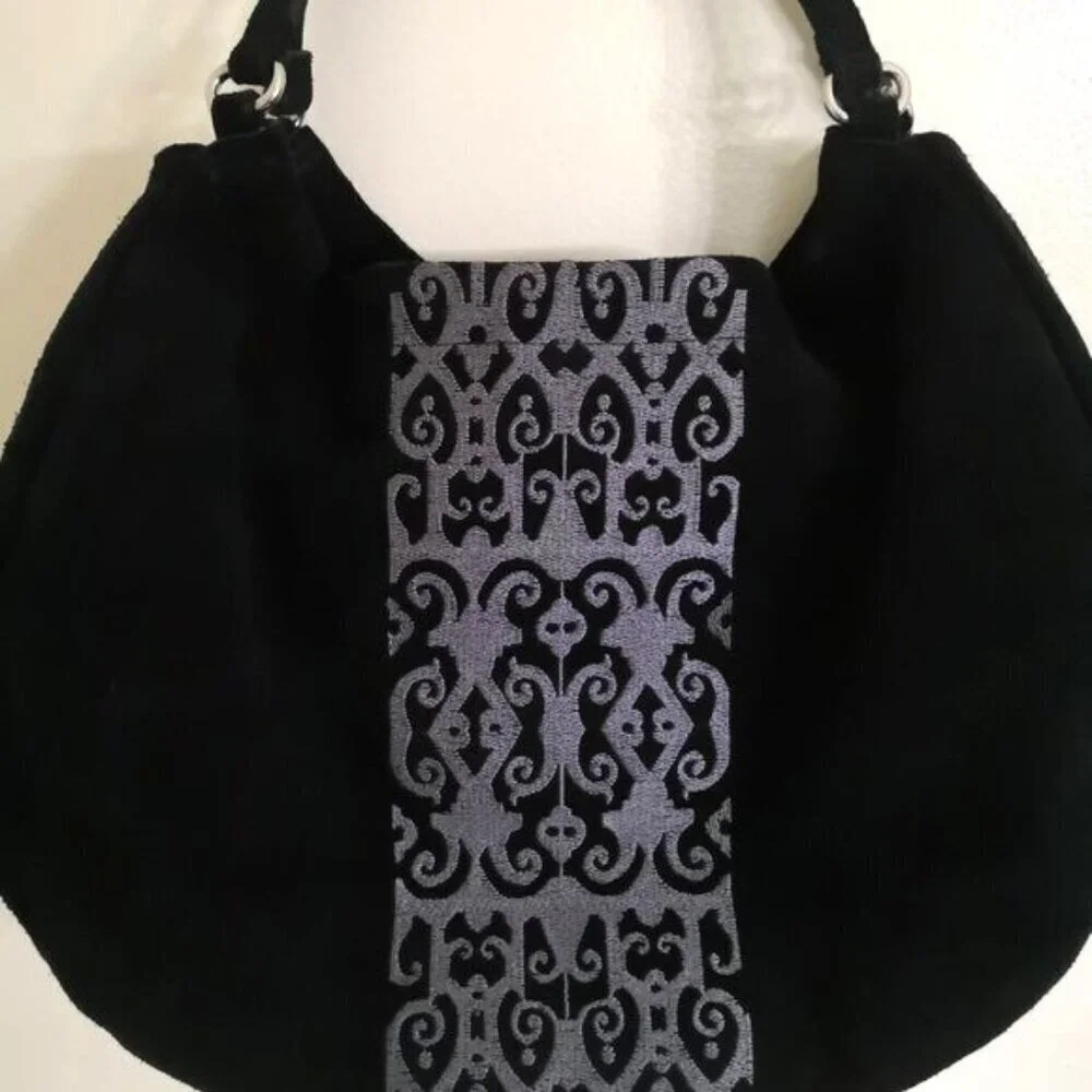 Adrienne Vittadini Boho Embroidered Sued Leather Hobo Bag Black Grey